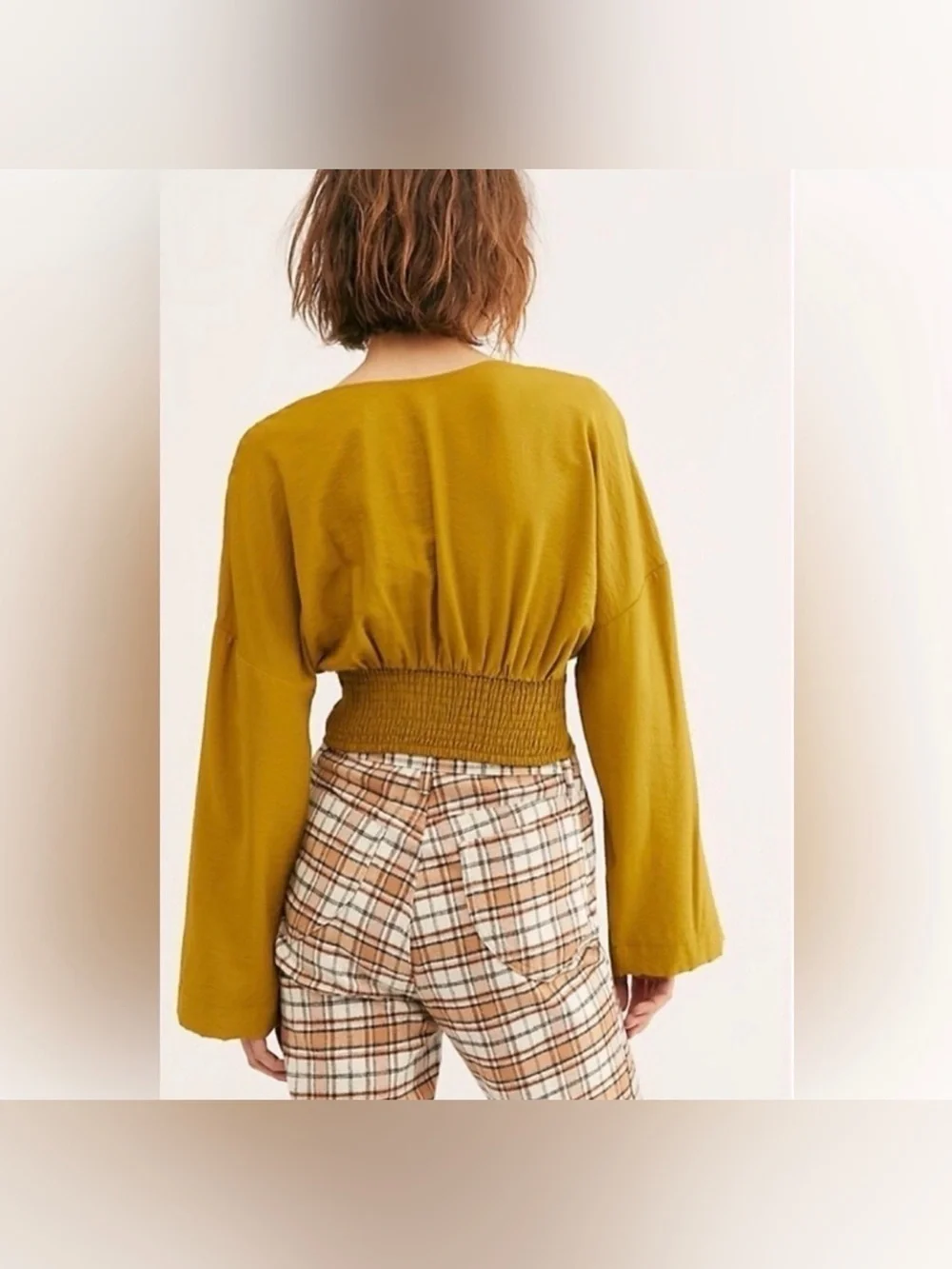 Free People Mustard Yellow V-Neck Button Front Blouse